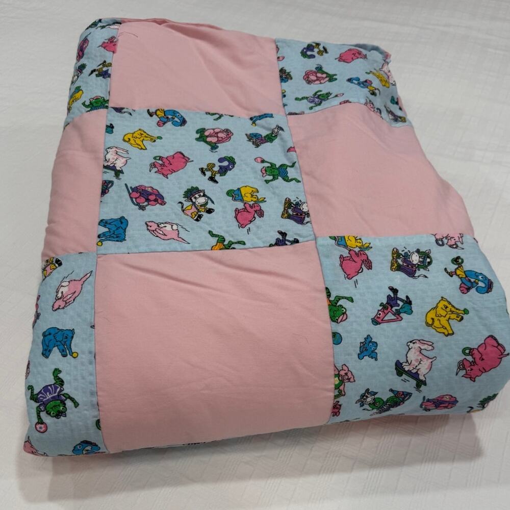 HANDMADE Patchwork Baby Blanket Pink Blue Whimsical Cartoon Animals 64x43 Gift